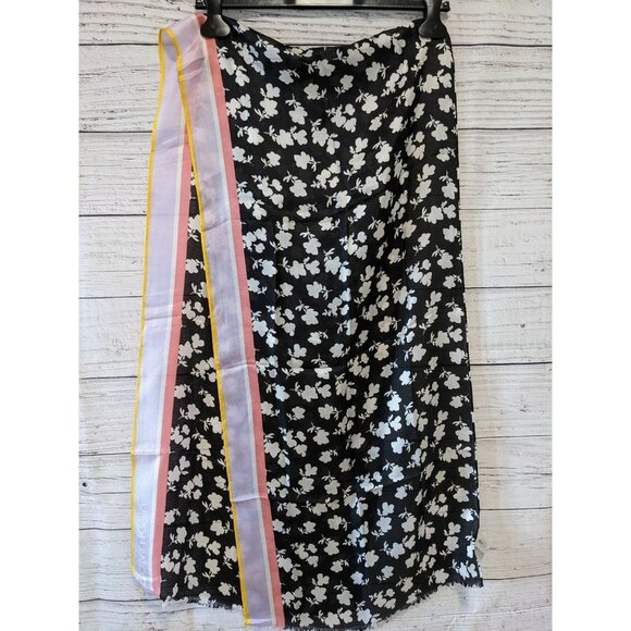 Calvin Klein 100% Silk Scarf Long Rectanle Black White Stripe Fringe Logo 70*17" - Picture 2 of 6